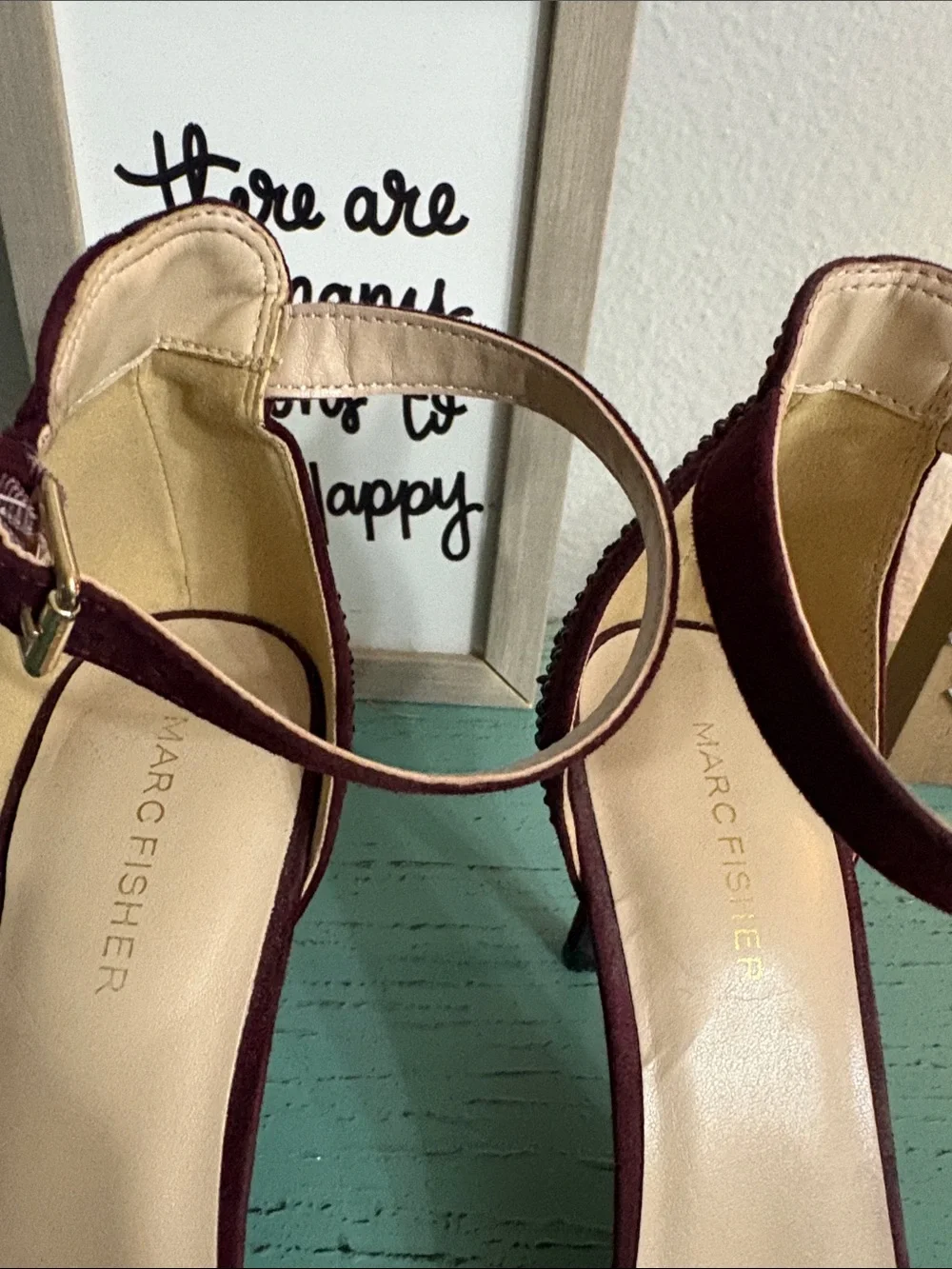 Marc Fisher Wine Red Suede Ankle-Strap Heels with Embellished Toe